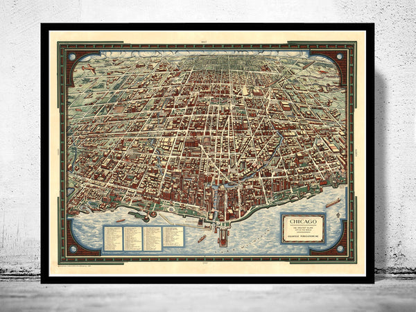 Old Panoramic View of Chicago Birdseye 1938  | Vintage Poster Wall Art Print |