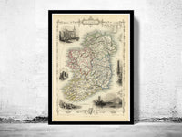 Vintage Map of Ireland 1851 Beautiful Antique map of Ireland with gravures  | Vintage Poster Wall Art Print |