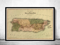 Vintage Old Map of Puerto Rico Island, 1886, Antique map  | Vintage Poster Wall Art Print |