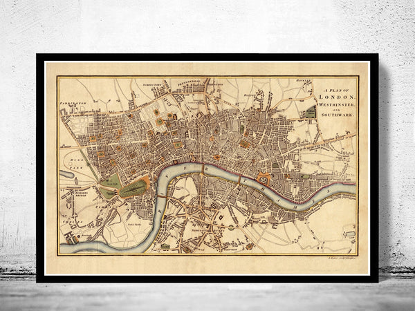 Old Map of London , England United Kingdom 1807  | Vintage Poster Wall Art Print |