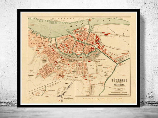 Old Map of Gothenburg Göteborg  Sweden 1881  | Vintage Poster Wall Art Print |