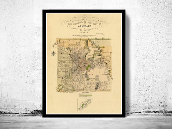 Old Map of Armidale City Australia 1881 Vintage Map  | Vintage Poster Wall Art Print |