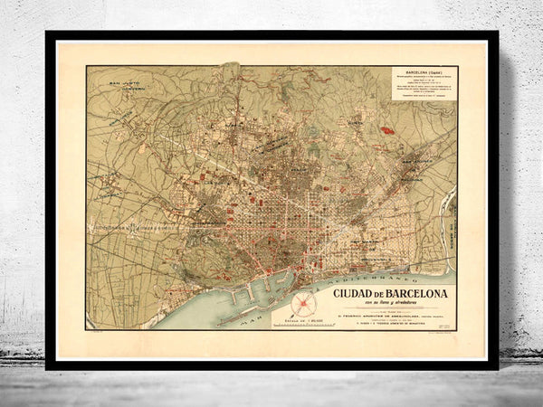 Old Map of Barcelona, Spain Cataluña 1900 Vintage map Barcelona  | Vintage Poster Wall Art Print |