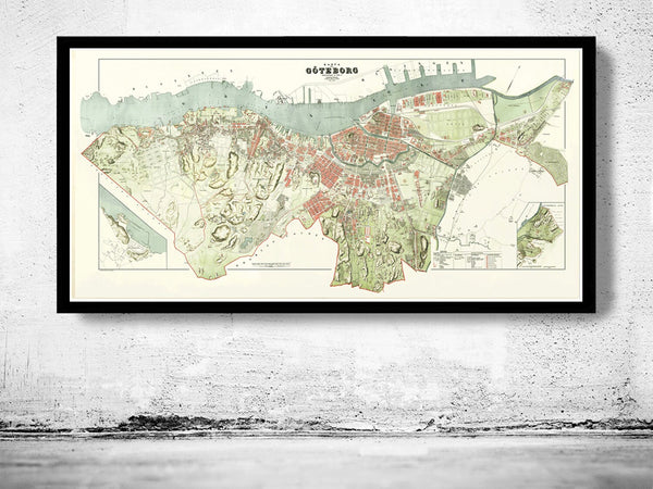 Old Vintage Map of Gothenburg Göteborg  Sweden 1888  | Vintage Poster Wall Art Print |