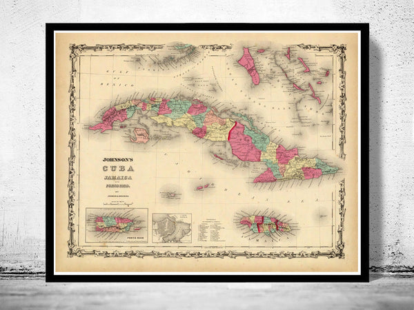 Old Map of Antilles Islands 1860 Cuba Jamaica Puerto Rico  | Vintage Poster Wall Art Print |