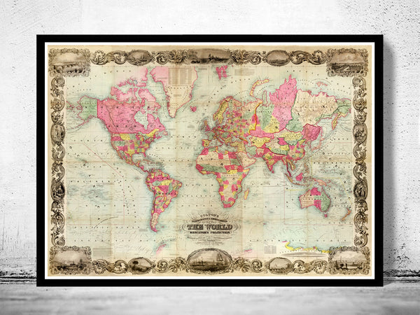 Antique World Map 1854 Mercator projection  | Vintage Poster Wall Art Print | Vintage World Map