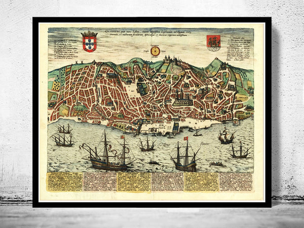 Old Map of Lisbon 1598  Lisboa Portugal mapa antigo  | Vintage Poster Wall Art Print |