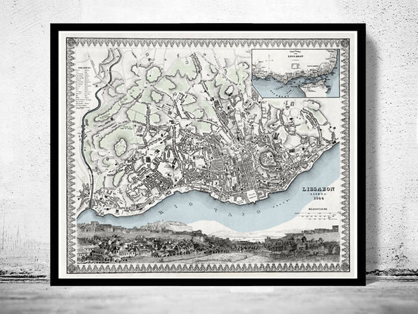 Old Map of Lisbon Lisboa Portugal mapa antigo 1844  | Vintage Poster Wall Art Print |