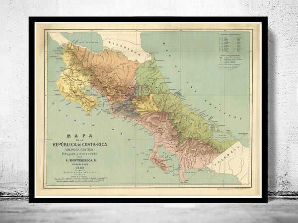 Vintage Map of Costa Rica 1889  | Vintage Poster Wall Art Print |