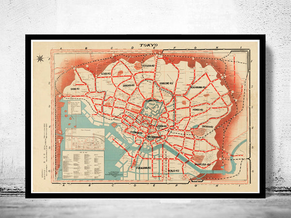 Old Map of Tokyo Japan 1929 Vintage Map  | Vintage Poster Wall Art Print |