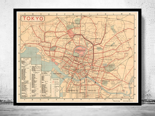 Old Map of Tokyo 1920 Japan  | Vintage Poster Wall Art Print |