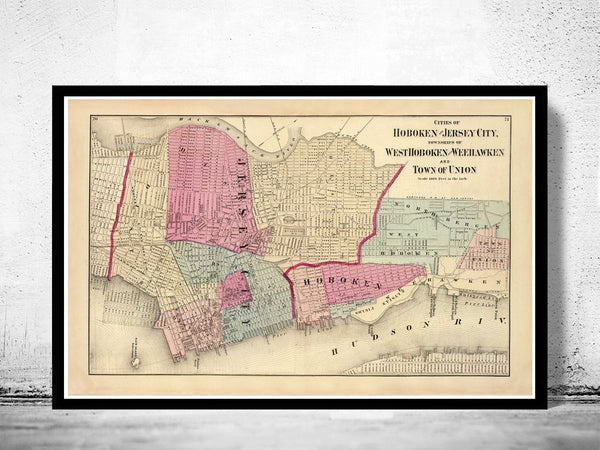 Old Map of Jersey City and Hoboken , Hudson County 1872  | Vintage Poster Wall Art Print |