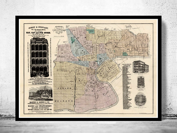 Old Map of Newark New Jersey,  United States 1881  | Vintage Poster Wall Art Print |