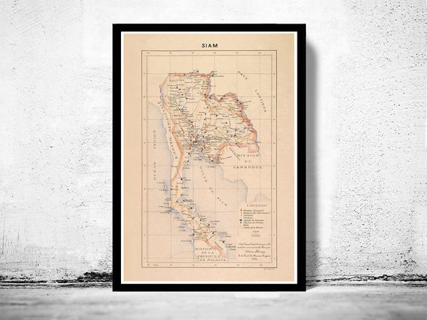 Old Map of Thailand Old Siam 1889 Vintage Map | Vintage Poster Wall Art Print |