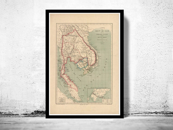 Old Map of Thailand, Old Siam 1869  | Vintage Poster Wall Art Print |