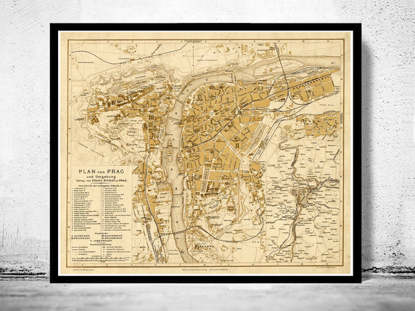 Old Map of Prague 1882 Czech Republic Vintage Map  | Vintage Poster Wall Art Print |