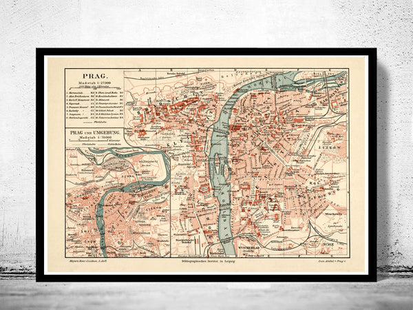 Old Map of Prague 1894  Czech Republic  | Vintage Poster Wall Art Print |