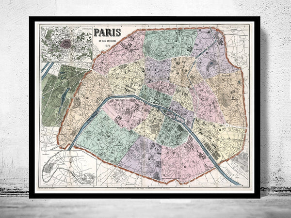 Old Map of Paris, France 1878  | Vintage Poster Wall Art Print |