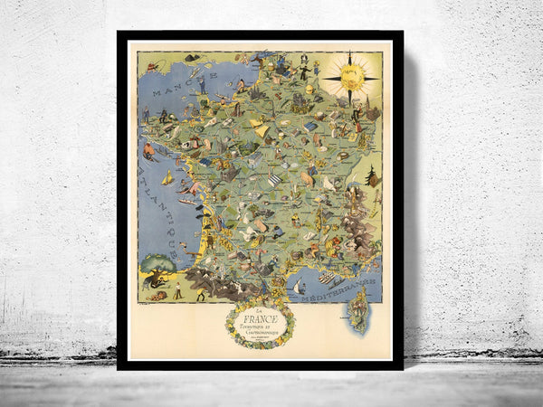 Old Map of France Gastronomy Tourism Poster Vintage Map | Vintage Poster Wall Art Print |