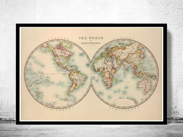 Old World Map Atlas Vintage World Map 1912 Two Hemispheres  | Vintage Poster Wall Art Print | Vintage World Map