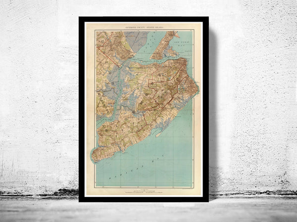 Old Map of Staten Island, Richmond County  1891  | Vintage Poster Wall Art Print |