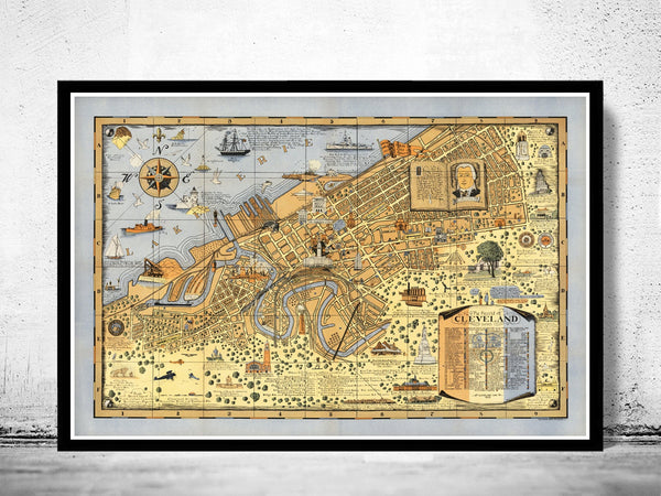 Old Map of Cleveland 1928 Pictorial map  | Vintage Poster Wall Art Print |