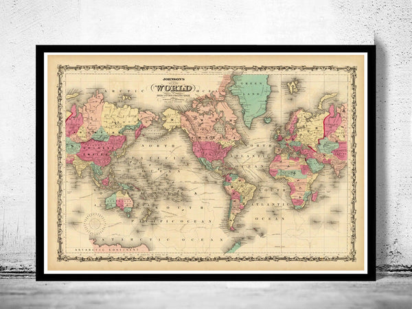 Vintage Map of The World 1860 Mercator projection  | Vintage Poster Wall Art Print | Vintage World Map