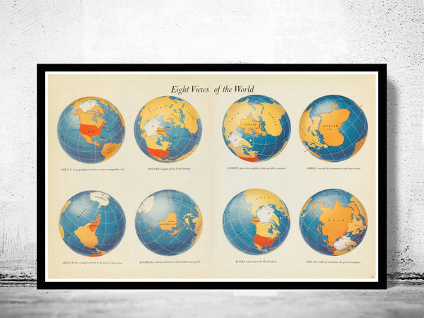 Vintage World Map in Eight Views  | Vintage Poster Wall Art Print | Vintage World Map