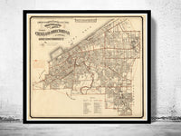 Old Map of Cleveland and suburbs 1882  | Vintage Poster Wall Art Print |