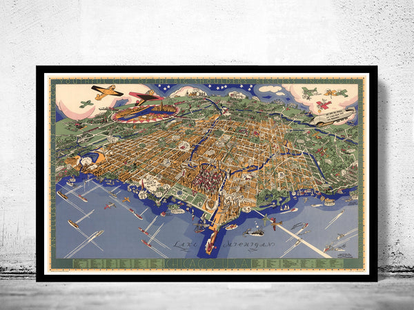 Old Panoramic View of Chicago Birdseye 1931  | Vintage Poster Wall Art Print |