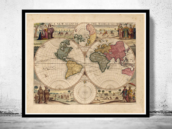 Old World Map 1686 Two Hemispheres  | Vintage Poster Wall Art Print | Vintage World Map