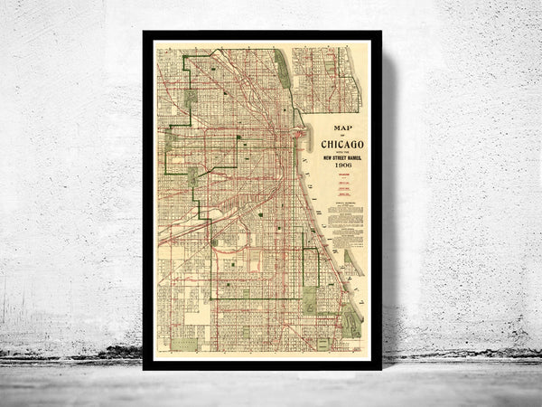 Old vintage map of Chicago 1906  | Vintage Poster Wall Art Print |