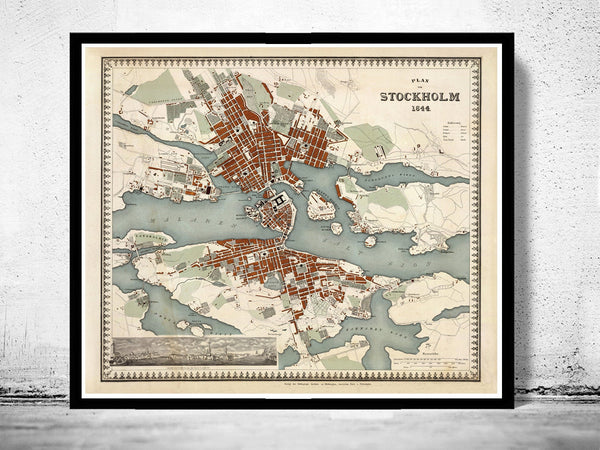 Old Map of Stockholm Sweden 1844 Antique Stockholm Map  | Vintage Poster Wall Art Print |