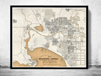 Vintage Map of Melbourne City , Australia Oceania 1851  | Vintage Poster Wall Art Print |