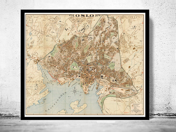 Old Map of Oslo Norway 1938 Antique Kristiania  | Vintage Poster Wall Art Print |