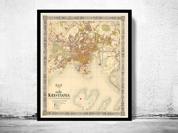 Old Map of Oslo Norway 1881 Antique Kristiania  | Vintage Poster Wall Art Print |