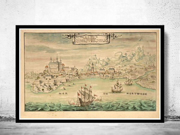 Old Gravure of Oslo Christiania Norway 1650  | Vintage Poster Wall Art Print |