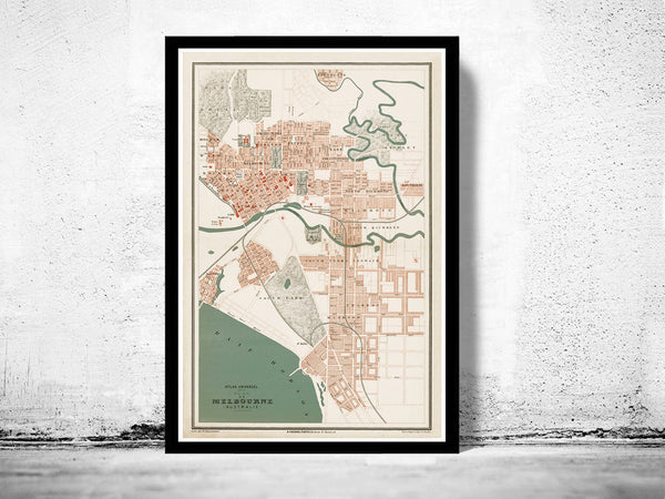 Old Map of Melbourne City Australia 1877  | Vintage Poster Wall Art Print |