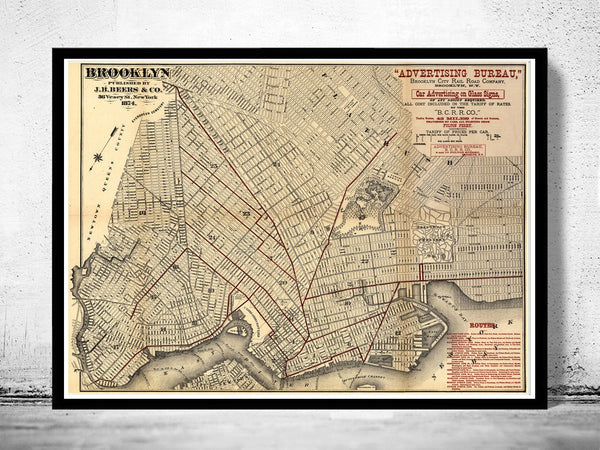 Old Map of Brooklyn,  United States 1874  | Vintage Poster Wall Art Print |