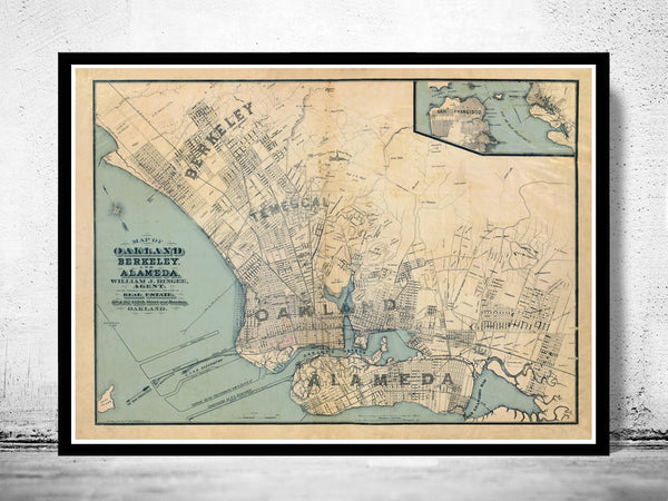 Old Map Oakland California 1884  | Vintage Poster Wall Art Print |