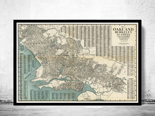 Old map Oakland Alameda Berkeley San Leandro  | Vintage Poster Wall Art Print |