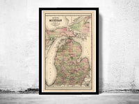 Old vintage map of Michigan 1885  | Vintage Poster Wall Art Print |