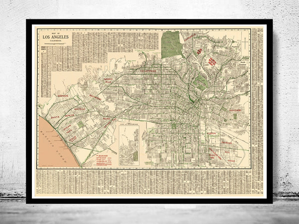 Old Map of Los Angeles 1928  | Vintage Poster Wall Art Print |