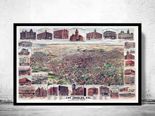 Vintage map of Los Angeles California Aerial view 1891  | Vintage Poster Wall Art Print |