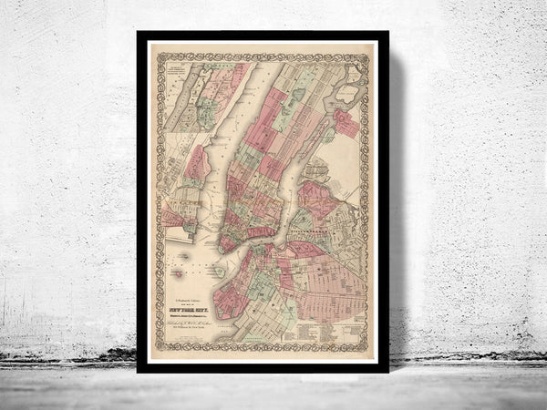 Old New York map 1866 Manhattan Vintage Map  | Vintage Poster Wall Art Print |