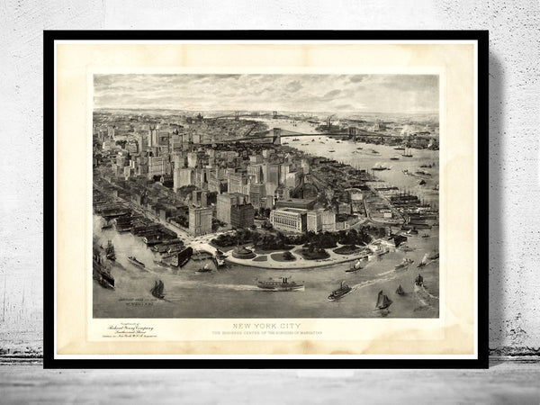 Old Panoramic New York 1905 BirdsEye View  | Vintage Poster Wall Art Print |