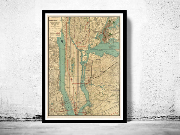 Old New York and Manhattan map 1924  | Vintage Poster Wall Art Print |