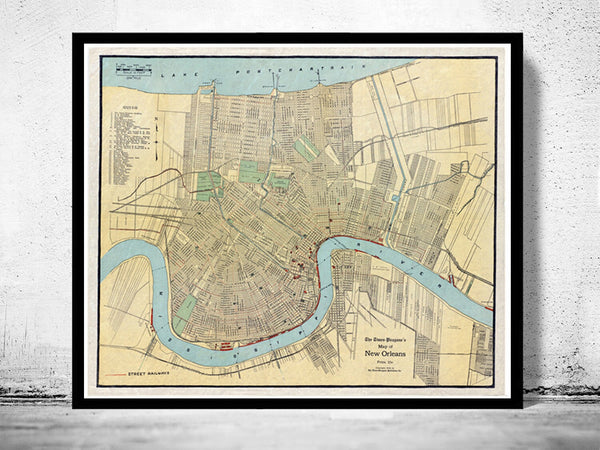 Old Map of New Orleans,  United States 1919  | Vintage Poster Wall Art Print |