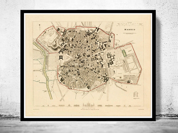 Old Map of Madrid with gravures, Spain Espana 1831 antique map  | Vintage Poster Wall Art Print |