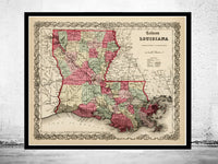 Old Map Louisiana State 1865 United States of America  | Vintage Poster Wall Art Print |